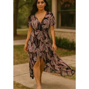 Elie McCarthy dress  Navy & brown paisley print faux wrap dress high low SZ M